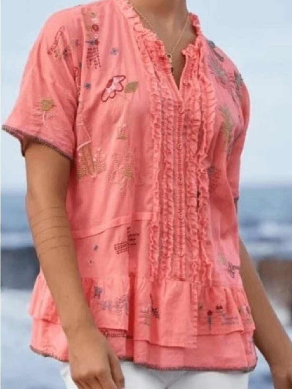 Johnny Was Women’s Mayda’s Peach/ Coral Embroidered Ruffle Tunic - Picture 10 of 10